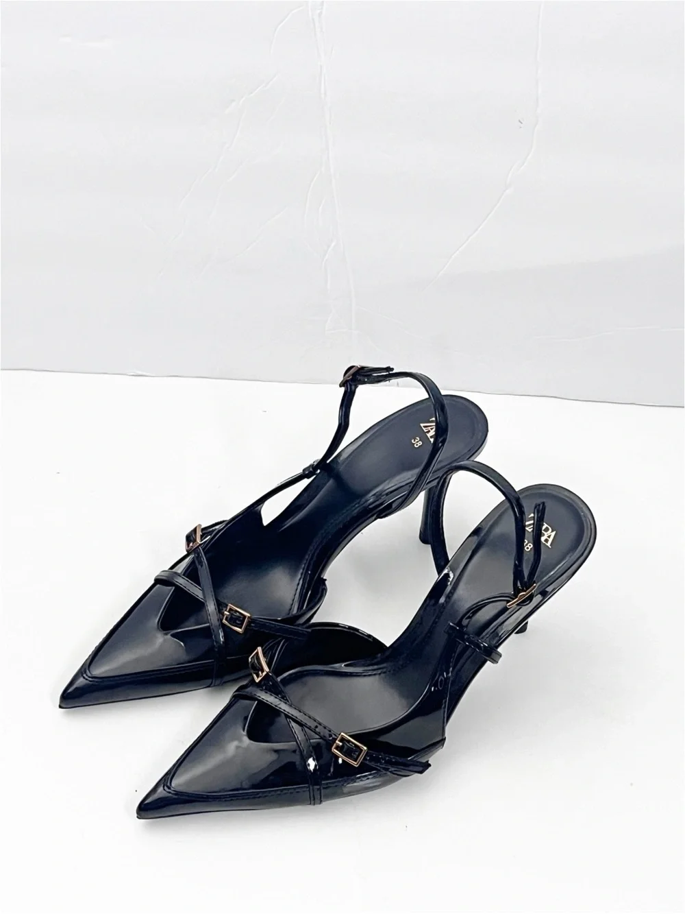 ZARA Black Patent Leather Strappy Pointy Toe Slingback Heels Size 38 Classic